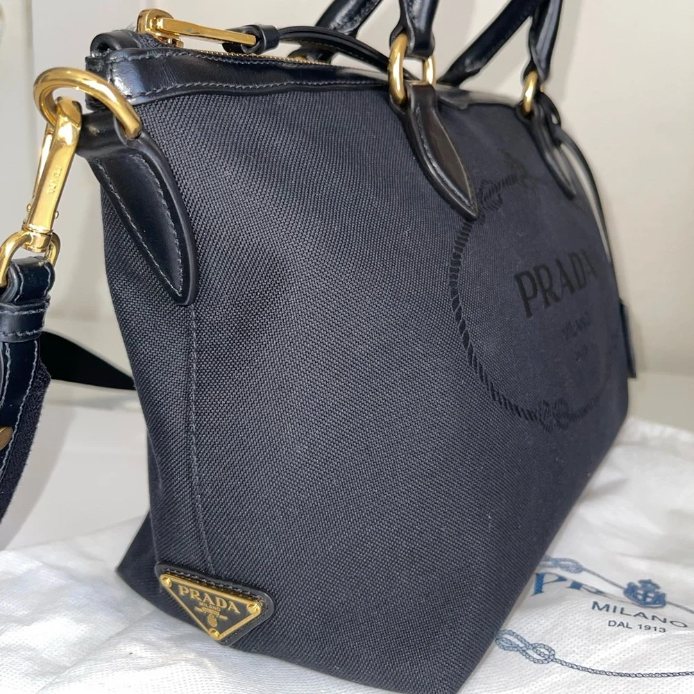 Prada Logo Jacquard Black Canvas Satchel - Authentic - Picture 1 of 15